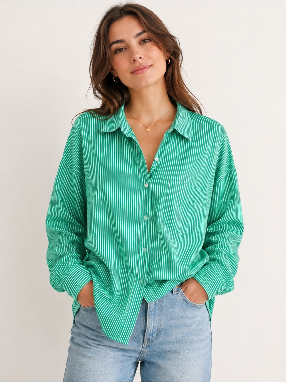 Frankie Shop Green Striped Cotton Lightweight Button Down Shirt XS/S